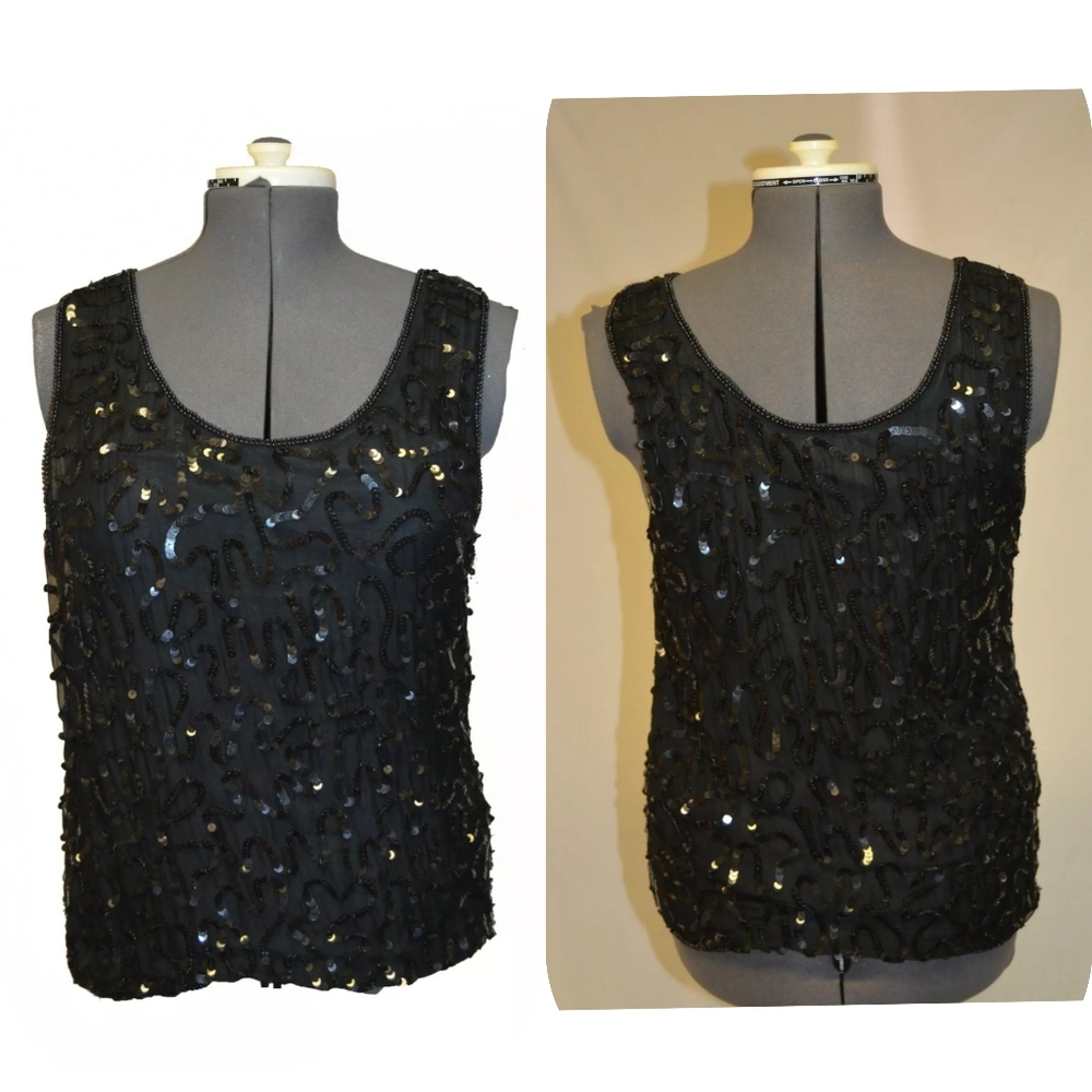 Lord & Taylor Vintage 80s Black Silk Beaded Sequin Tank Top Blouse sz XL